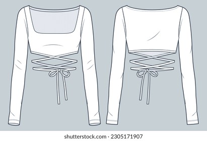 Plantilla de dibujo técnico plano de la capa superior de la manga larga. Ilustración técnica de moda femenina recortada, escote cuadrado, manga larga, ajuste delgado, vista frontal y trasera, blanco, maquillaje CAD femenino.