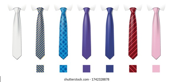 Tie mockup with different fashion pattern. Striped silk neckties templates with textures set. Man colored tie set. Vector illustration