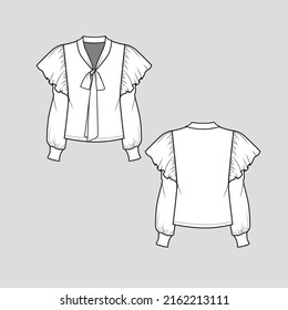Tie up neck Ruffles Top  Ruffles long Sleeve with cuffs knotted neck knot tie blouse t shirt top Clothing flat sketch drawing template design vector