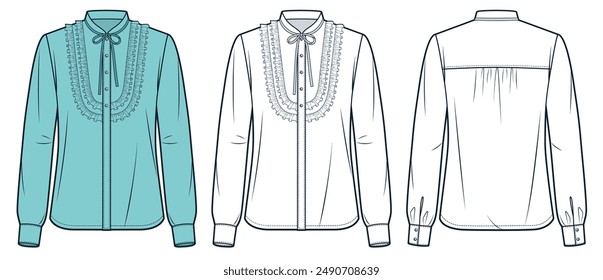 Tie Neck Shirt technical fashion Illustration. Ruffled Blouse fashion flat technical drawing template, cuffed long sleeve, button down, front and back view, white, blue, women CAD mockup set.
