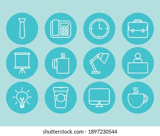 conjunto de iconos de vínculo y oficina sobre fondo azul, estilo de línea, ilustración vectorial