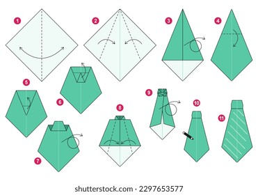 Tie origami scheme tutorial moving model. Origami for kids. Step by step how to make a cute origami necktie. Vector illustration.