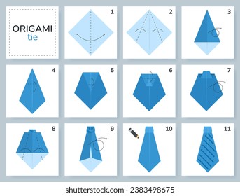 Tie origami scheme tutorial moving model. Origami for kids. Step by step how to make a cute origami necktie. Vector illustration.