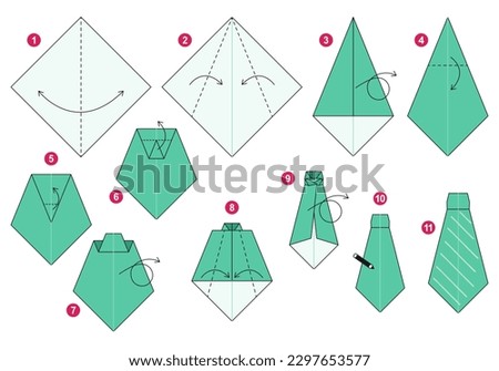 Tie origami scheme tutorial moving model. Origami for kids. Step by step how to make a cute origami necktie. Vector illustration.
