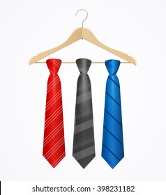 Tie Set on Wooden Hanger. Vector illustration