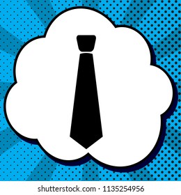 Tie sign illustration. Vector. Black icon in bubble on blue pop-art background with rays.