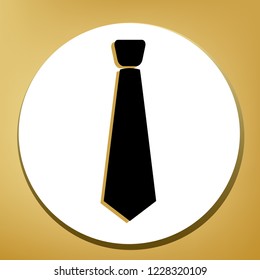Tie sign illustration. Vector. Black icon with light brown shadow in white circle with shaped ring at golden background.