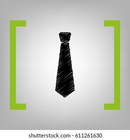 Tie sign illustration. Vector. Black scribble icon in citron brackets on grayish background.
