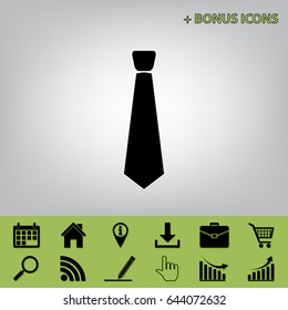 Tie sign illustration. Vector. Black icon at gray background with bonus icons at celery ones
