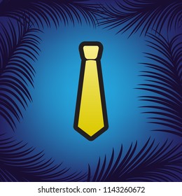 Tie sign illustration. Vector. Golden icon with black contour at blue background with branches of palm trees.