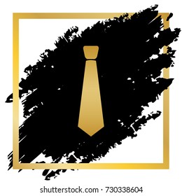 Tie sign illustration. Vector. Golden icon at black spot inside golden frame on white background.