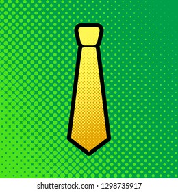 Tie sign illustration. Vector. Pop art orange to yellow dots-gradient icon with black contour at greenish background.