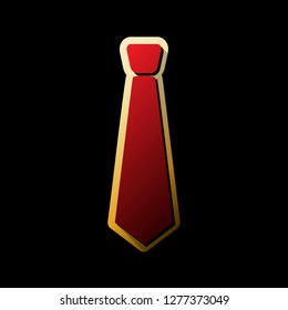 Tie sign illustration. Vector. Red icon with small black and limitless shadows at golden sticker on black background.