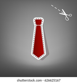 Tie sign illustration. Vector. Red icon with for applique from paper with shadow on gray background with scissors.