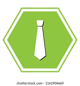 Tie sign illustration. Vector. White icon with black shadow at yellow green honeycomb on white background.