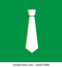Tie sign illustration. Vector. White flat icon with yellow striped shadow at green background.