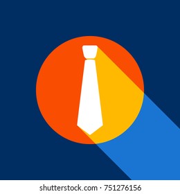 Tie sign illustration. Vector. White icon on tangelo circle with infinite shadow of light at cool black background. Selective yellow and bright navy blue are produced.