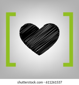 Tie sign. Vector. Black scribble icon in citron brackets on grayish background.