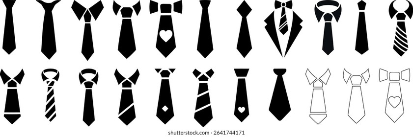 Tie silhouette collection for fashion design and business graphics. Includes various tie icon shapes, necktie icons, and bow tie styles in black for creative, professional, and corporate presentation