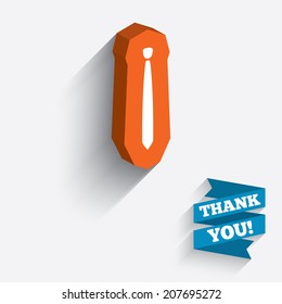 Tie slim sign icon. Business clothes symbol. White icon on orange 3D piece of wall. Carved in stone with long flat shadow. Vector