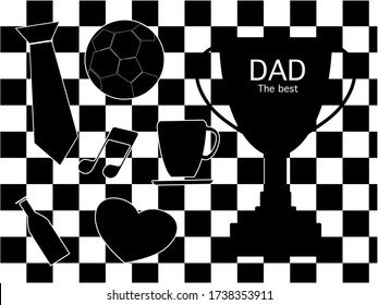 tie soccer coffee bottle musical note heart and trophy cup with the text dad the best in black and white background black an white squares vector