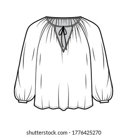 Tie softly gathered neckline blouse technical fashion illustration with loose shape, long sleeves, drapes fluidly. Flat shirt apparel template front, white color. Women, men unisex top CAD mockup