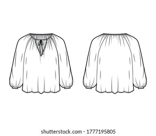 Tie softly gathered neckline blouse technical fashion illustration with loose shape, long sleeves, drapes fluidly. Flat shirt apparel template front, back, white color. Women, men unisex top CAD 