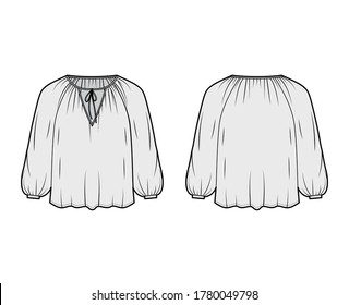 Tie softly gathered neckline blouse technical fashion illustration with loose shape, long sleeves, drapes fluidly. Flat shirt apparel template front, back, grey color. Women, men unisex top CAD 