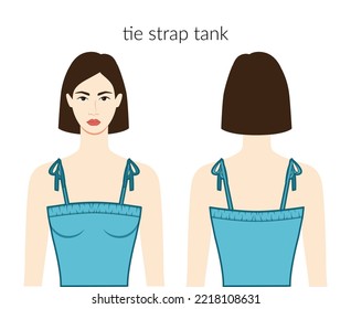 Tie strap neckline tank clothes character beautiful lady in blue top, shirt, dress technical fashion illustration with fitted body. Flat apparel template front, back side. Women, men unisex CAD mockup