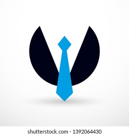 Tie and suit in round shape businessman concept vector logo or icon, business person man or company.