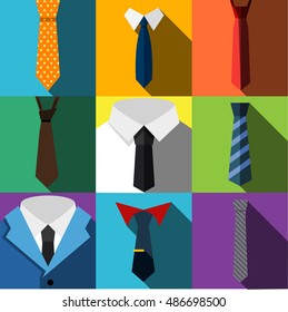 Tie vector flat icons. Simple illustration set of 9 tie elements, editable icons, can be used in logo, UI and web design