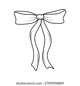 Tied bow with ribbon vector illustration. Cartoon bow doodle style, outline sketch. Isolated on white.