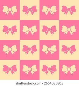 Tied Bows Pink Chessboard Seamless Pattern. Coquette Vintage Geometric Background with Knot and Checkerboard Texture. Square Gingham Girlish vector illustration