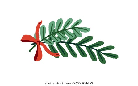 Tied branches of rowan with green leaves. Plant twigs decorated with red ribbon bow. Winter holiday design element. Christmas decor, Xmas decoration. Flat isolated vector illustration on white