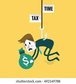 Tied Business Man with tax fishing hook. Tax abandon concept. flat design elements. vector illustration