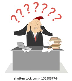 Tied businessman and question marks concept illustration. Tied or upset man sitting by the table puts hands on the head surrounded by question marks isolated on white
