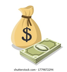 Tied money bag with a dollar sign and a bundle of dollar bills nearby. Vector illustration isolated on white background