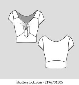 Tied Neck Crop top tie up Short Sleeve cropped Fashion cad  flat sketch drawing template design