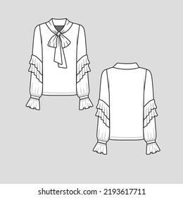 Tied Neck ruffles sleeve Top t shirt long sleeve mock up cad Fashion design drawing template