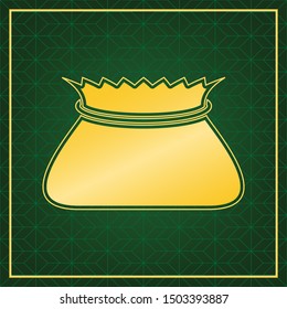 Tied pouch bag sign. Golden icon with gold contour at dark green gridded white background. Illustration.