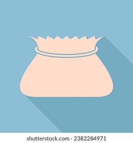 Tied pouch bag sign. Unbleached silk Icon with very long shadow at dark sky blue background. Illustration.