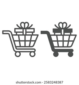 Tied ribbon bow gift box cart line and solid icon, shopping trolley concept. Vector graphics. Shop store discount cart sign on white background, outline style icon for mobile or web design