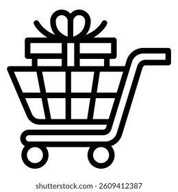 Tied ribbon bow gift box cart line icon, shopping trolley concept. Vector graphics. Shop store discount cart sign on white background, style mobile or design