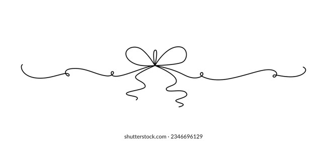 Tied ribbon bow hand drawing one line. Vector stock illustration isolated on white background for design template Christmas, Birthday greeting card, invitation or presentation. Editable stroke. EPS10