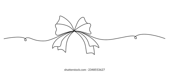 Tied ribbon bow hand drawing one line. Vector stock illustration isolated on white background for design template Christmas, Birthday greeting card, invitation or presentation. Editable stroke. EPS10