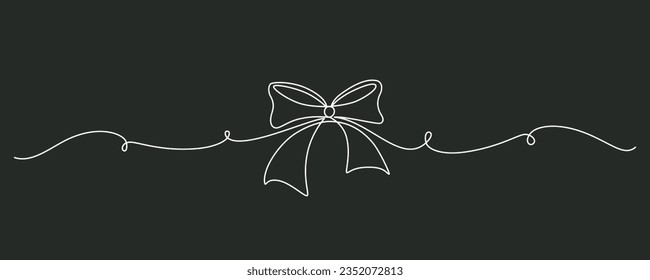Tied ribbon bow hand drawing one line. Vector stock illustration isolated on black background for design template Christmas, Birthday greeting card, invitation or presentation. Editable stroke. EPS10