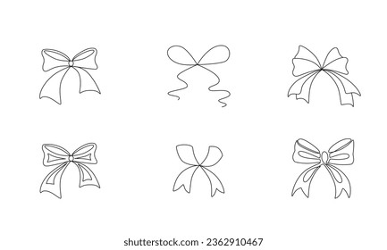 Tied ribbon bow hand drawing one line set. Vector stock illustration isolated on white background for design template Christmas, Birthday greeting card, invitation. Editable stroke. EPS10