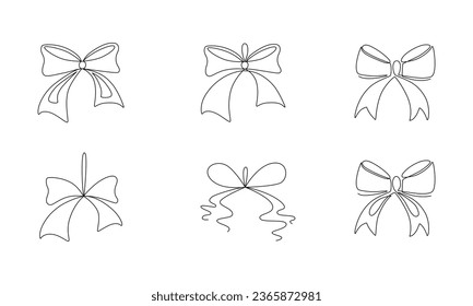 Tied ribbon bow hand drawing one line set. Vector stock illustration isolated on white background for design template Christmas, Birthday greeting card, invitation. Editable stroke. EPS10