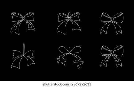 Tied ribbon bow hand drawing one line set. Vector stock illustration isolated on black chalkboard background for design template Christmas, Birthday greeting card, invitation. Editable stroke. EPS10