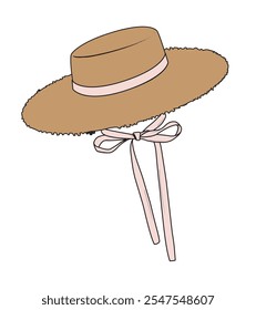 Tied straw hat flat sketch vector mockup template.